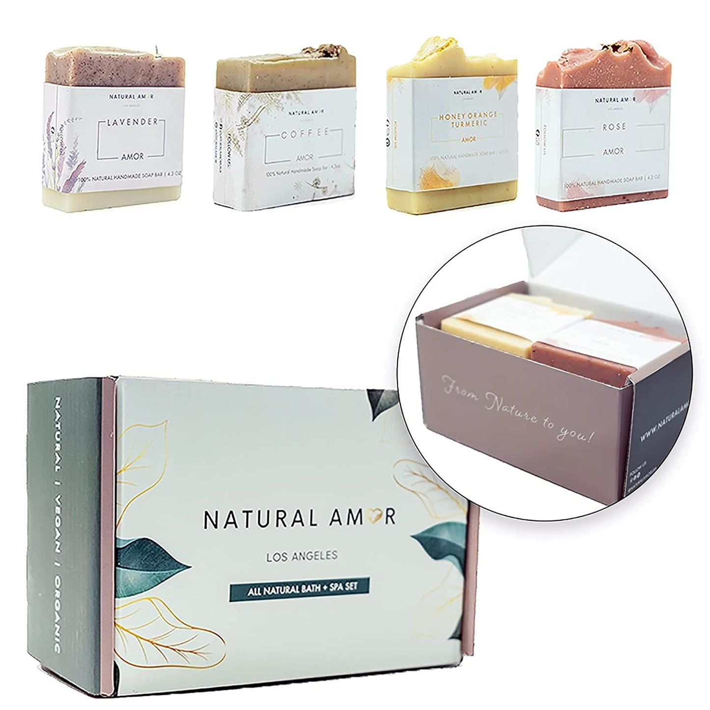 Natural Amor Handmade Soap Bars Variety Box, Set of 4 X 4.3oz (Rose Honey + Lavender + Coffee + Honey Orange Turmeric)