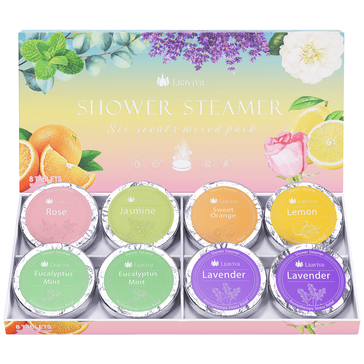 Liraviva Shower Steamers Variety 8-Pack - Various Essential Oil Shower Steamers - Lavender, Eucalyptus, Citrus, Rose & Jasmine - Perfect Spa Gift for Mom, Dad & Friends